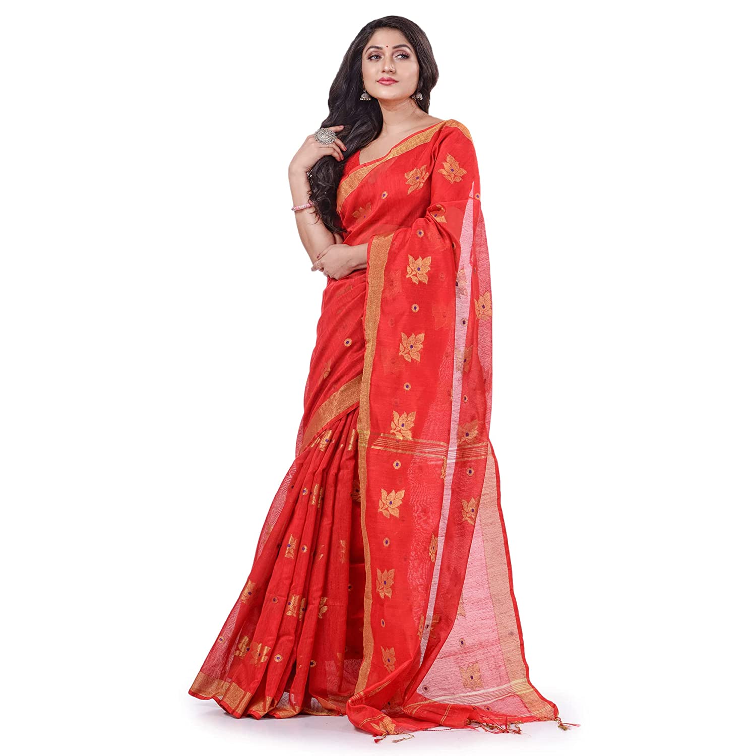 Desh Bidesh Women's Tant Silk Handloom Cotton Saree Rose Work With Blouse Piece - Distacart