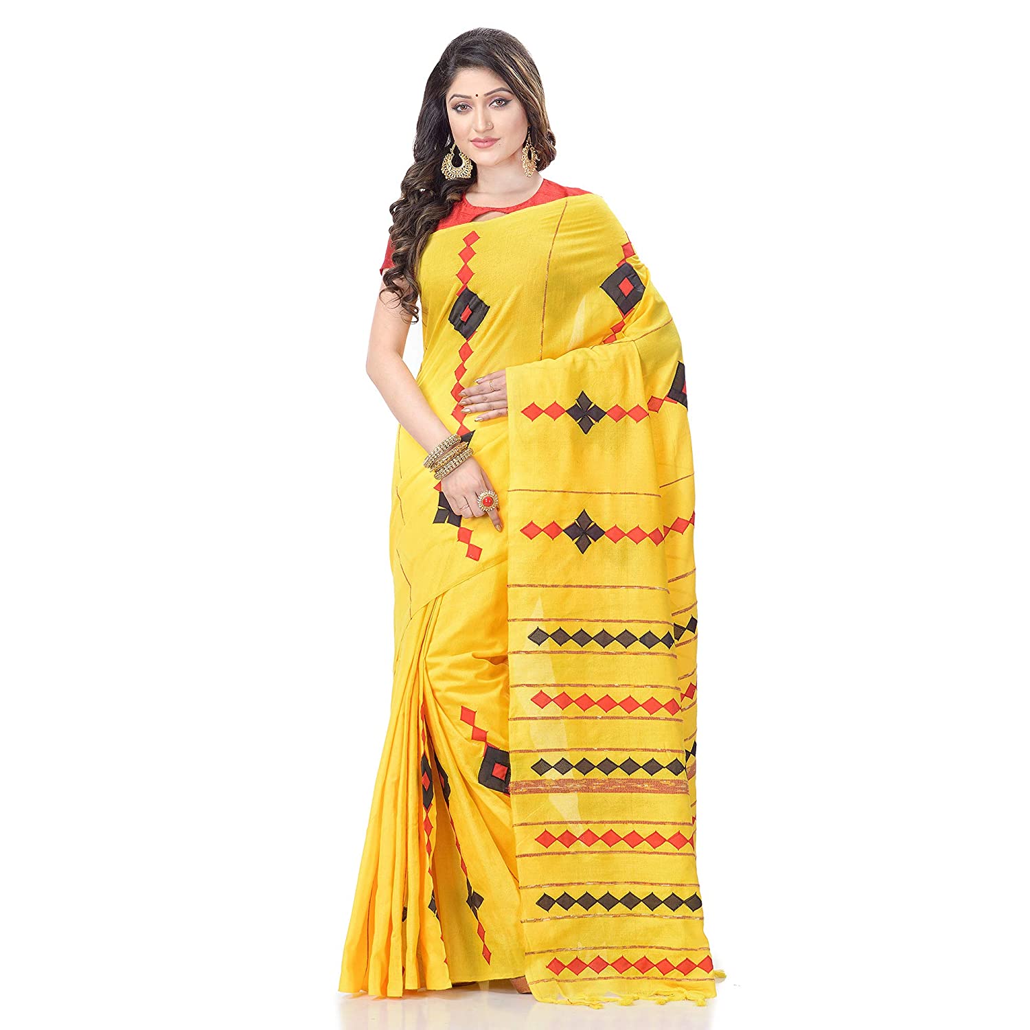 Desh Bidesh Women's Bengali Khesh Pure Cotton Handloom Saree Diamond Designed With Blouse Piece - Distacart