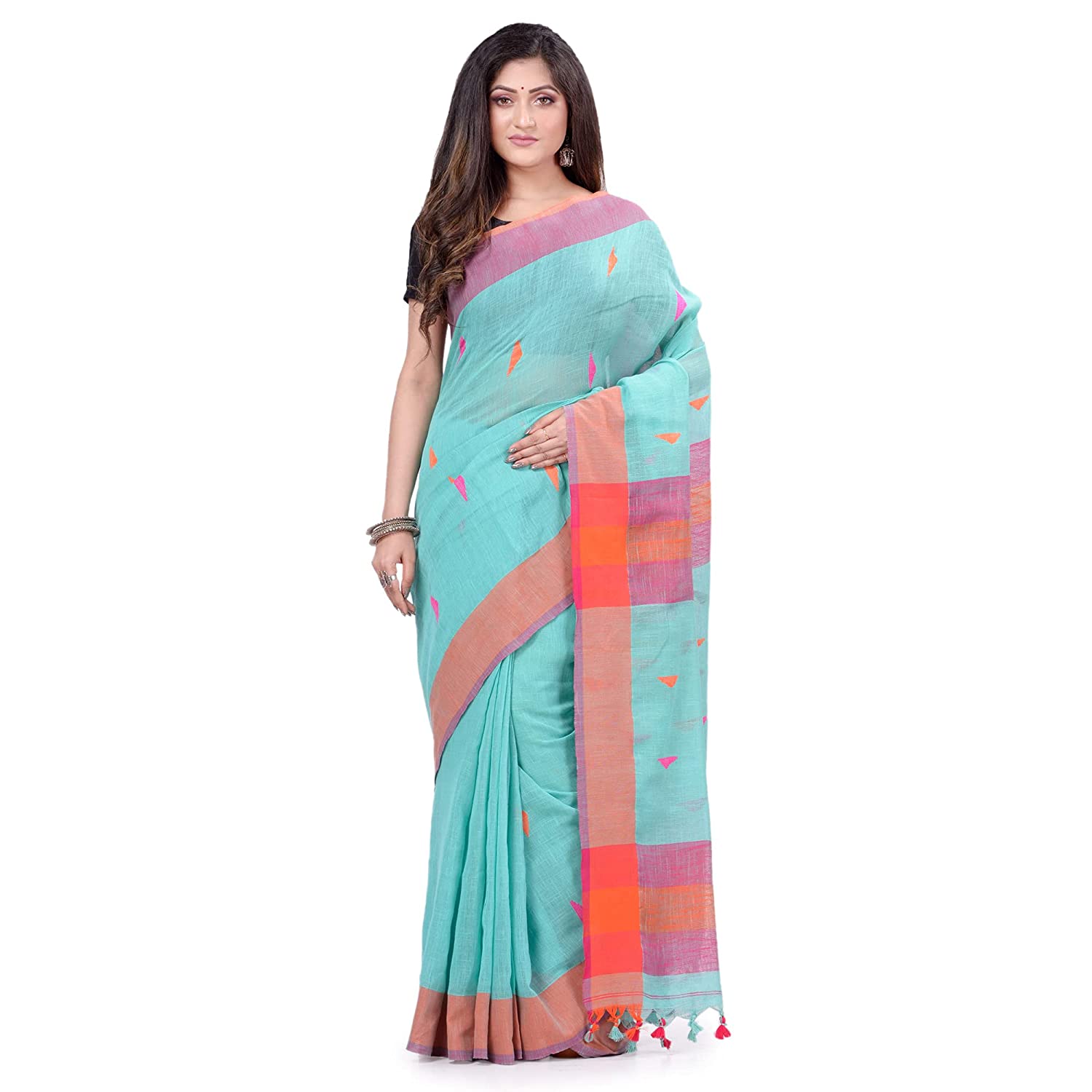 Desh Bidesh Women's Traditional Bengali Tant Handloom Cotton Saree Prism Designed With Blouse Piece - Distacart
