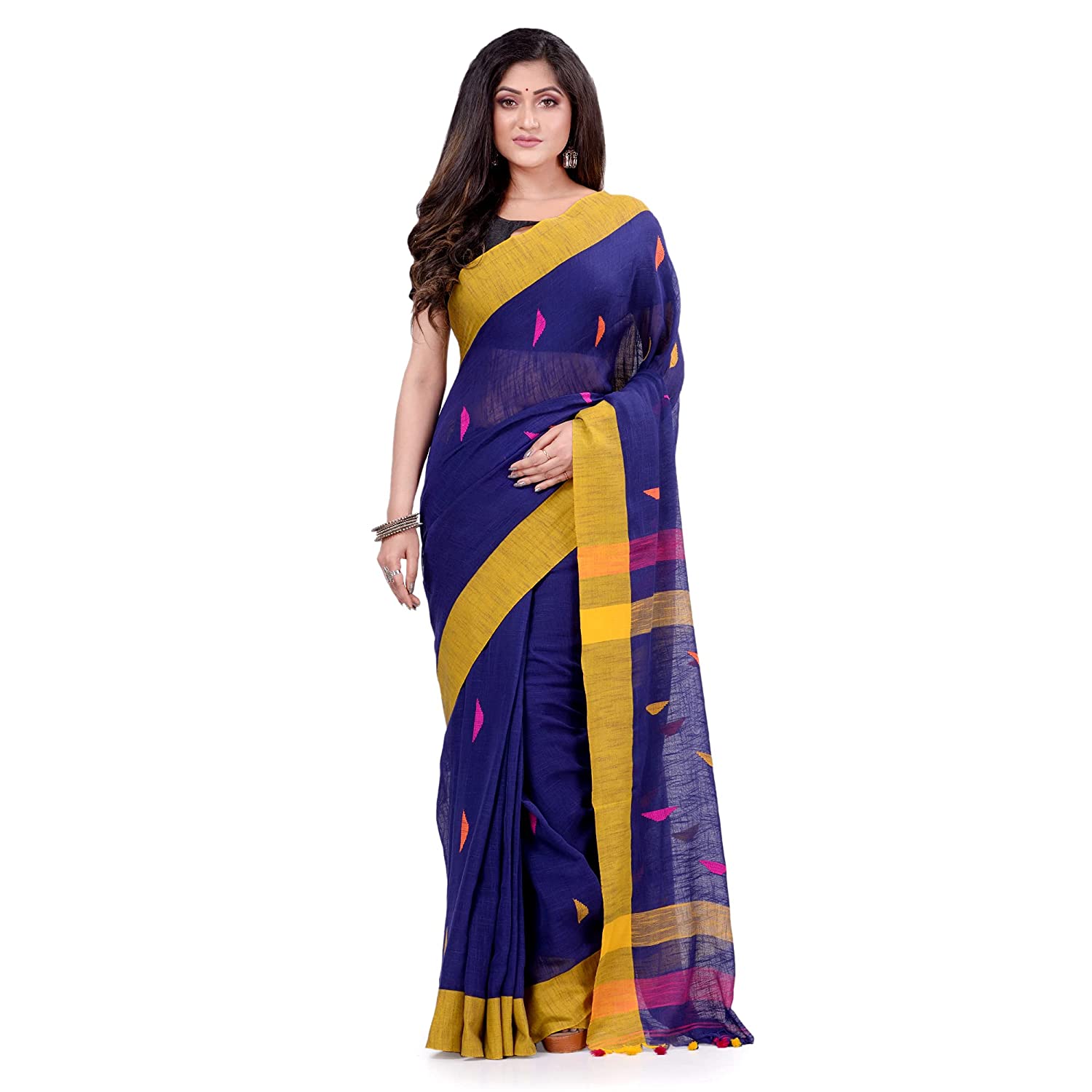 Desh Bidesh Women's Traditional Bengali Tant Handloom Cotton Saree Prism Designed With Blouse Piece - Distacart