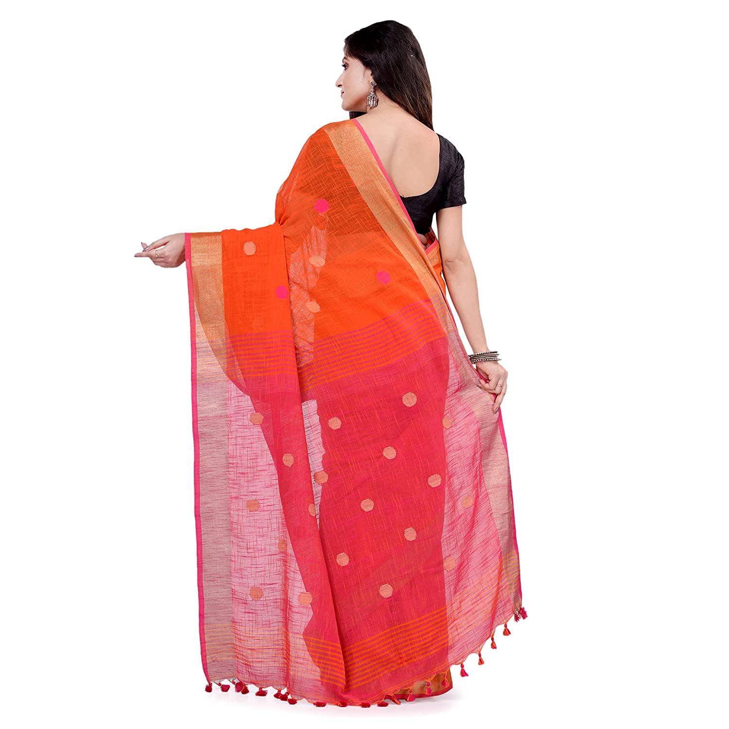 Desh Bidesh Women's Pure Cotton Traditional Bengali Tant Handloom Cotton Saree Round Designed With Blouse Piece - Distacart