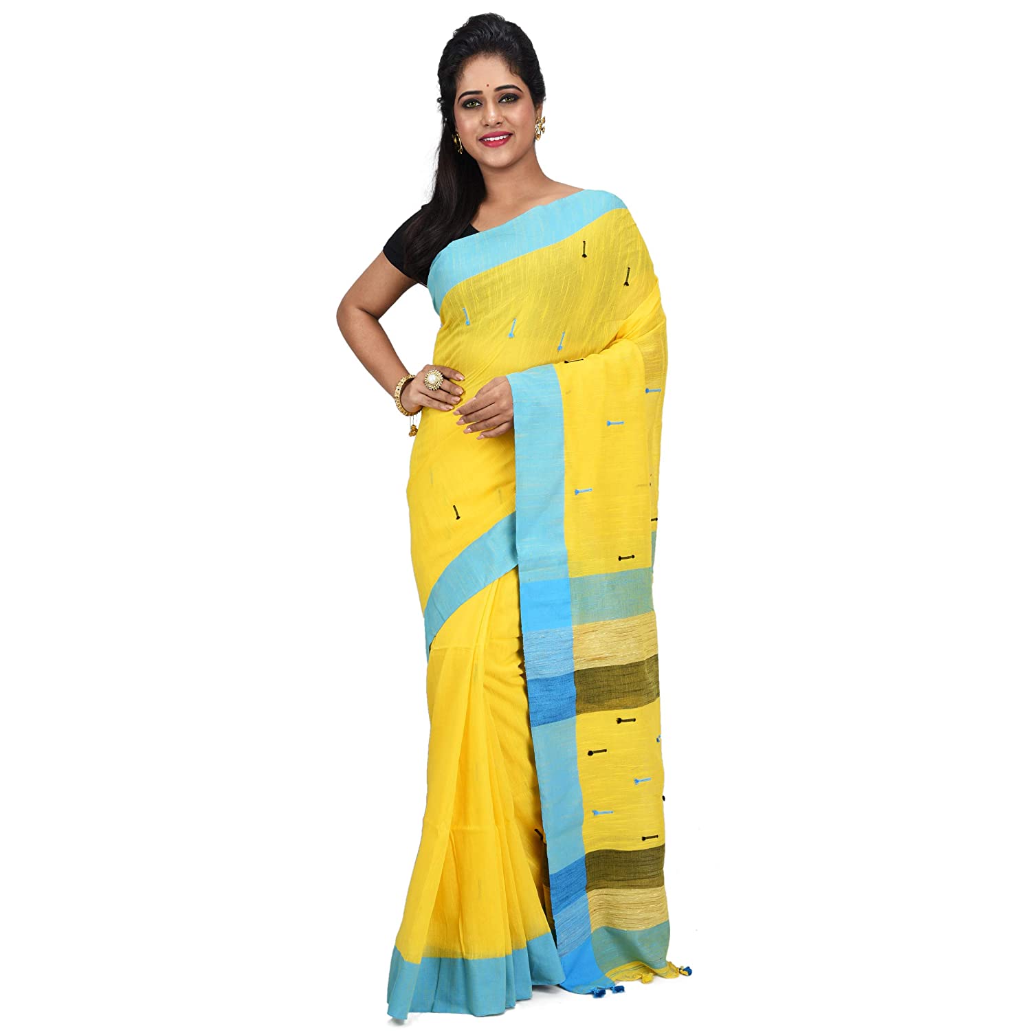 Desh Bidesh Pure Cotton Traditional Bengali Handloom Tant Saree Soft Cotton Materials Clical Designed With Blouse Piece (Yellow Blue Black) - Distacart