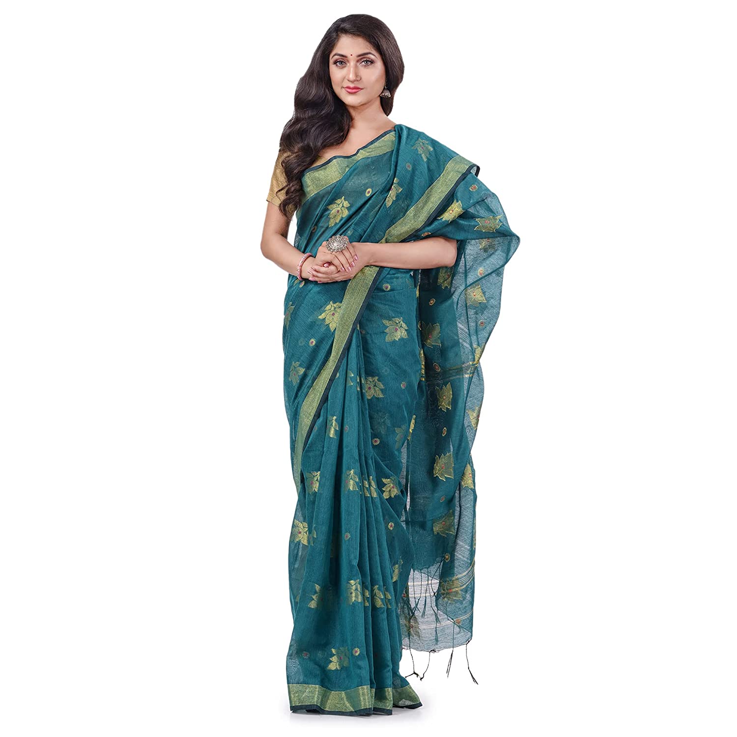 Desh Bidesh Women's Tant Silk Handloom Cotton Saree Rose Work With Blouse Piece - Distacart