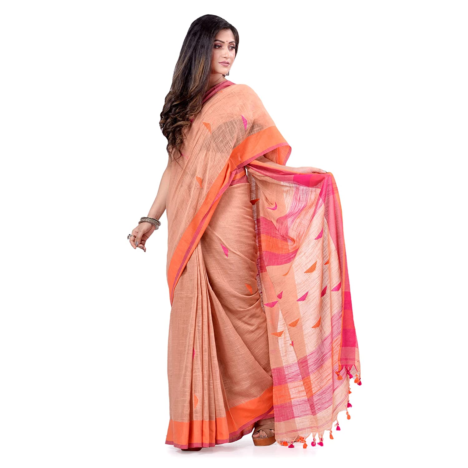 Desh Bidesh Women's Traditional Bengali Tant Handloom Cotton Saree Prism Designed With Blouse Piece - Distacart