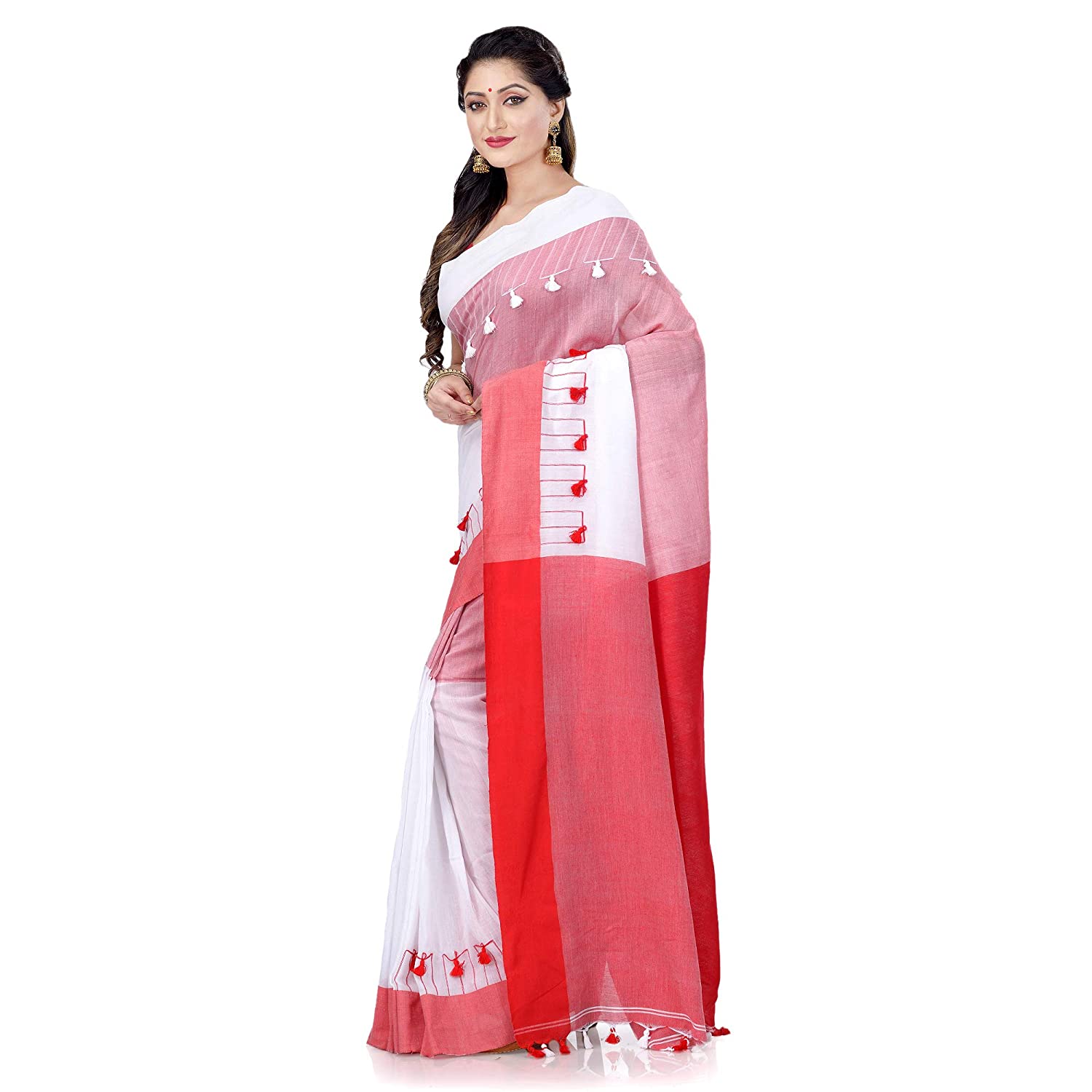 Desh Bidesh Women's Traditional Bengal Handloom Tant Pure Cotton Saree Pompom Designed With Blouse Piece (White Pink Orange) - Distacart
