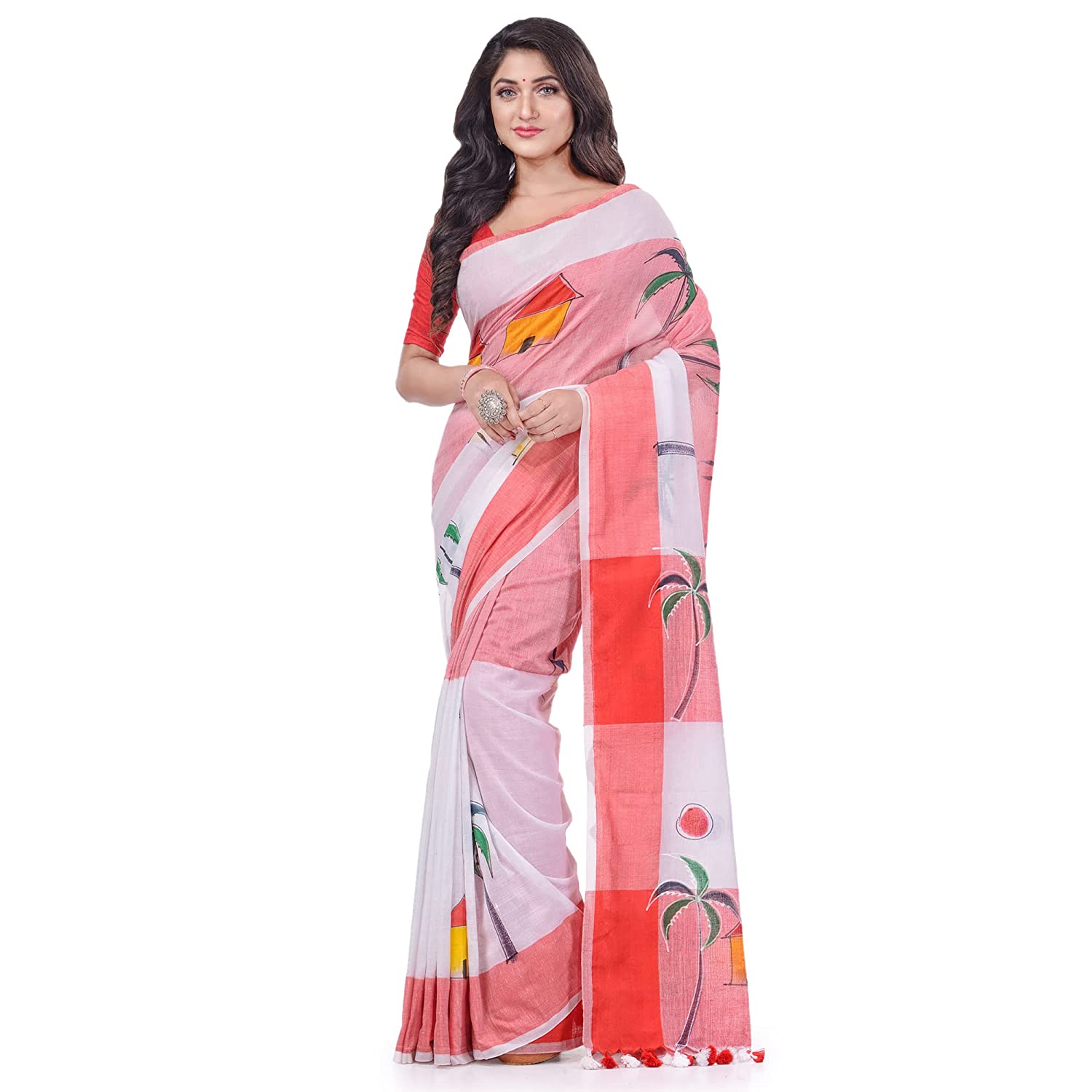 Desh Bidesh Women's Bengal Handloom Pure Cotton Saree Tribal Hand Made Art Design With Blouse Piece - Distacart