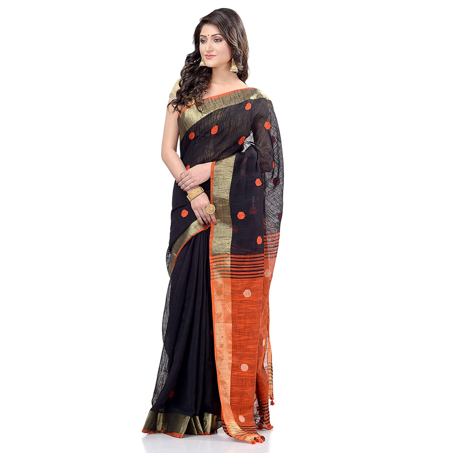 Desh Bidesh Women's Pure Cotton Traditional Bengali Tant Handloom Cotton Saree Round Designed With Blouse Piece - Distacart
