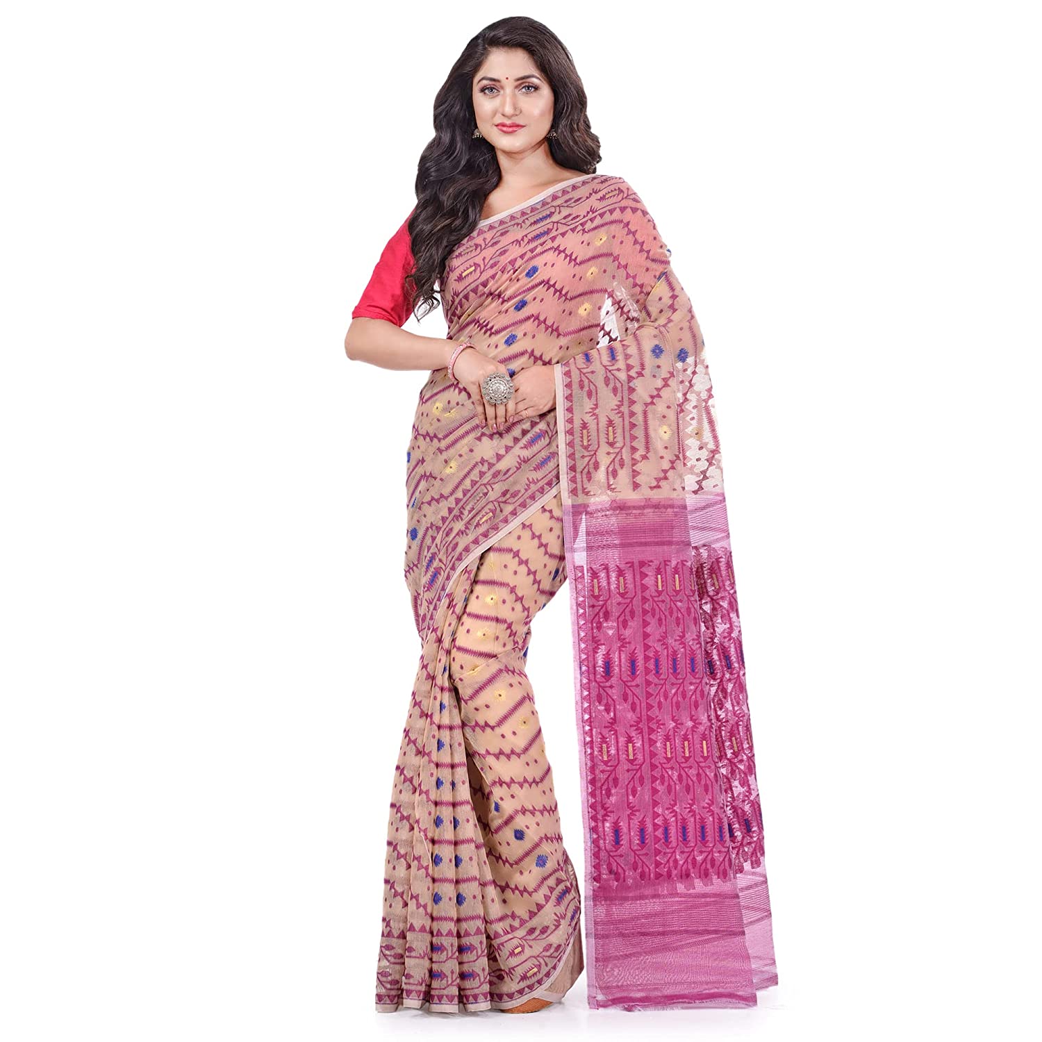 Desh Bidesh Women's Nakshakata Dhakai Jamdani Bengal Pure Handloom Cotton Saree Whole Body Design Without Blouse Piece - Distacart