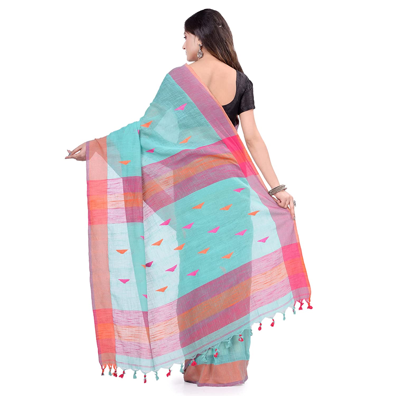 Desh Bidesh Women's Traditional Bengali Tant Handloom Cotton Saree Prism Designed With Blouse Piece - Distacart