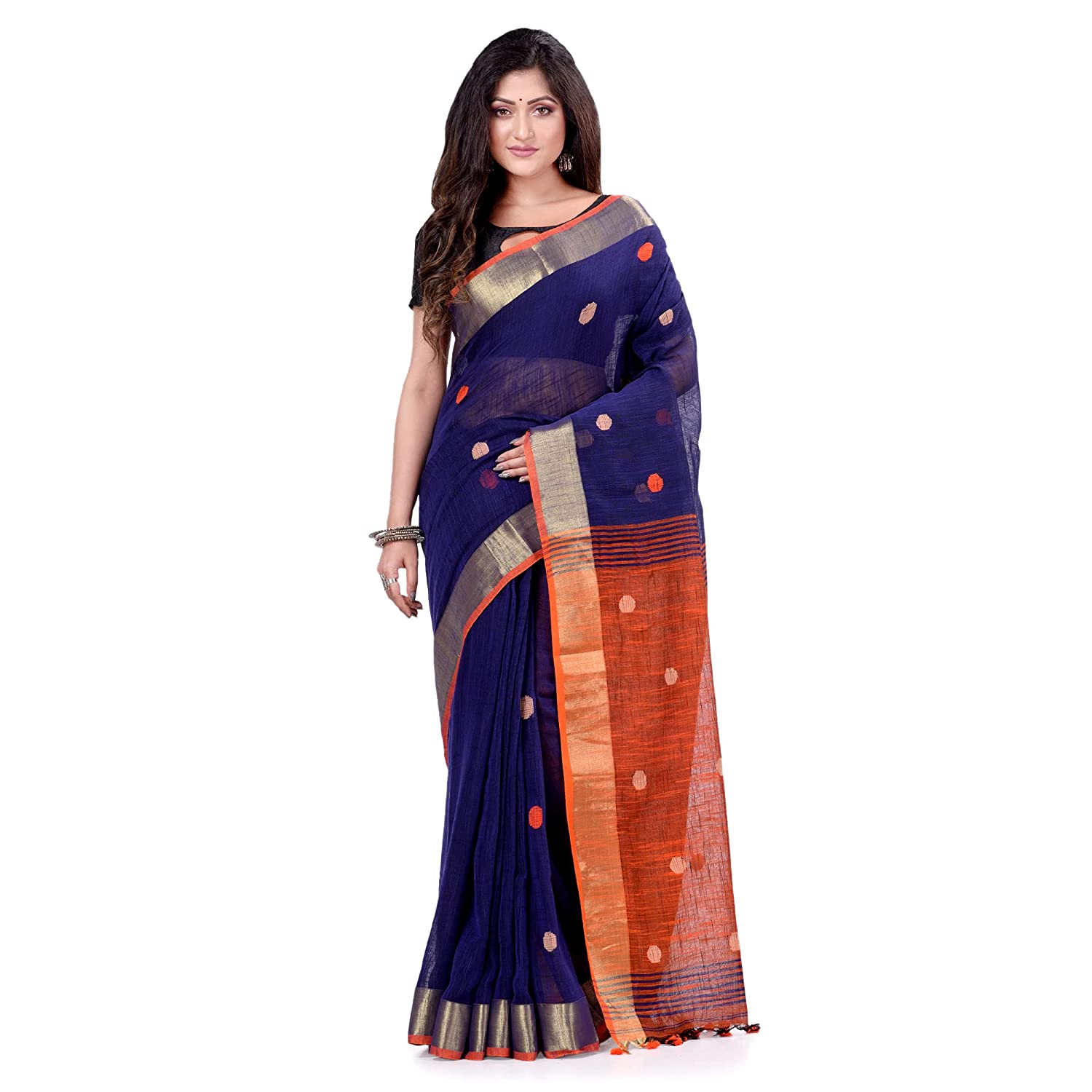 Desh Bidesh Women's Pure Cotton Traditional Bengali Tant Handloom Cotton Saree Round Desigined With Blouse Piece - Distacart