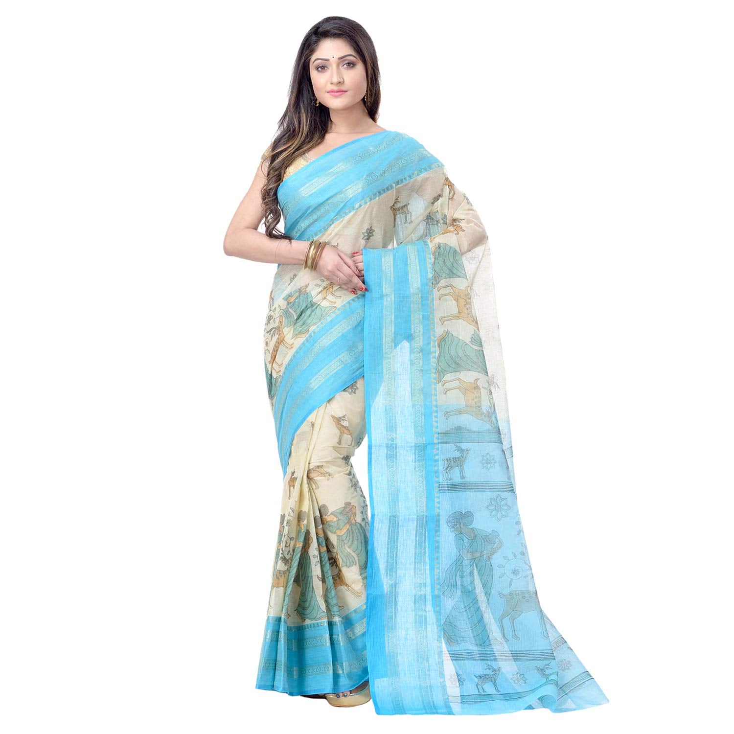 Desh Bidesh Women's Shakuntala Design Printed Tant Handloom Pure Cotton Saree Without Blouse Piece - Distacart