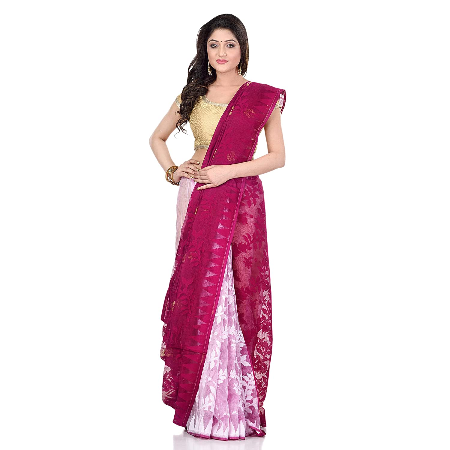Desh Bidesh Women's Tant Handloom Soft Dhakai Jamdani Cotton Saree Whole Body Design - Distacart