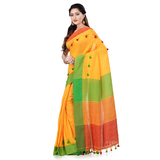 Desh Bidesh Women's Traditional Bengal Handloom Tant Pure Cotton Saree Pompom Desigined With Blouse Piece (White Pink Orange) - Distacart