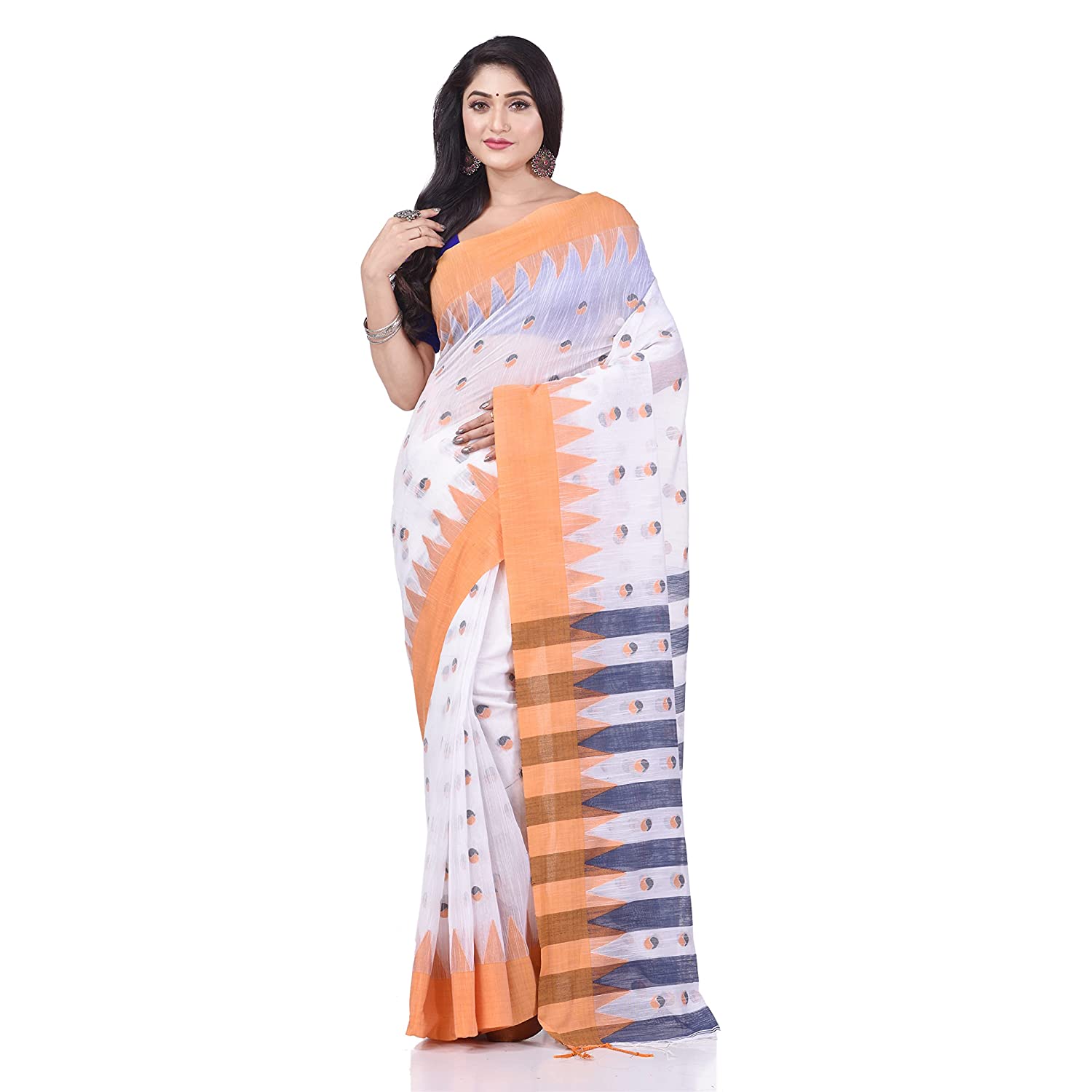 Desh Bidesh Women's Traditional Bengali Handloom Tant Pure Cotton Saree Khadi Bicolor Ball Temple Par Desigined With Blouse Piece - Distacart