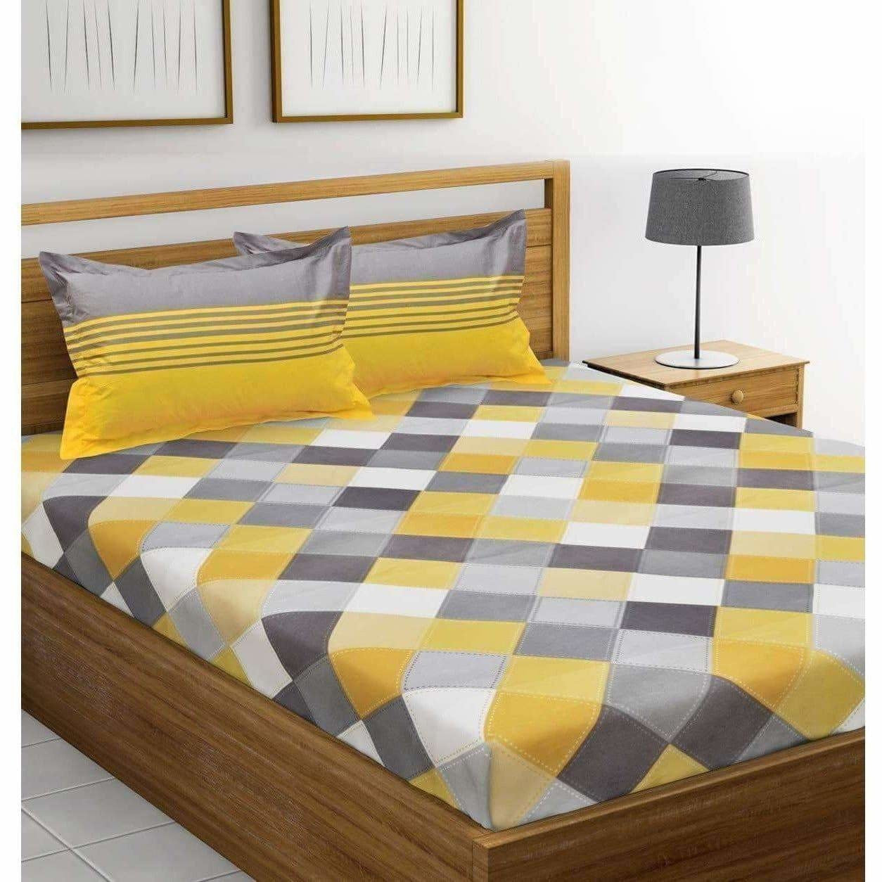 Cotton Double Bedsheet with 2 Pillow Covers - Yellow and Grey - Distacart
