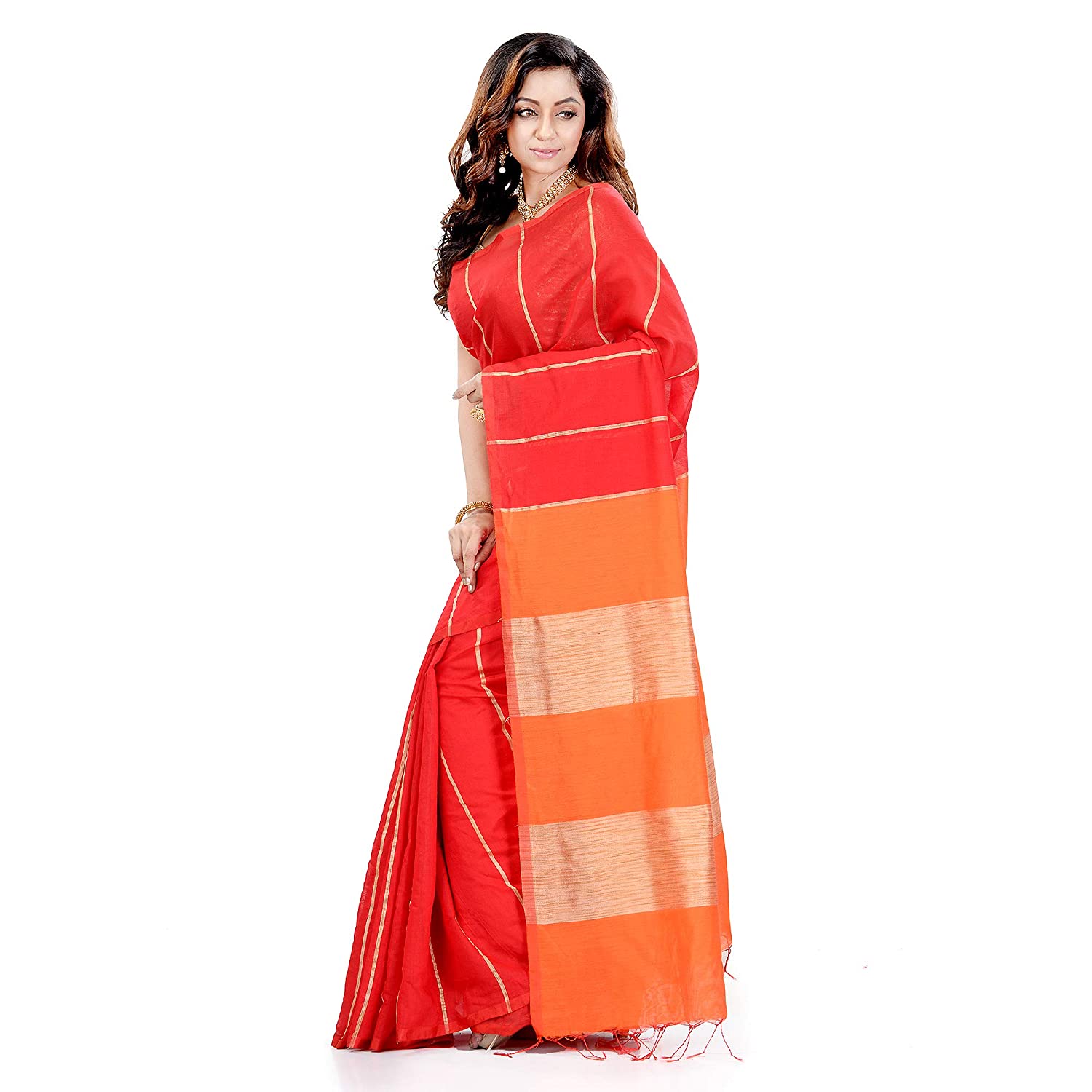 Desh Bidesh Women's Bengal Woven Handloom Cotton Silk Blend Saree With Blouse Piece (Orange Khaki) - Distacart
