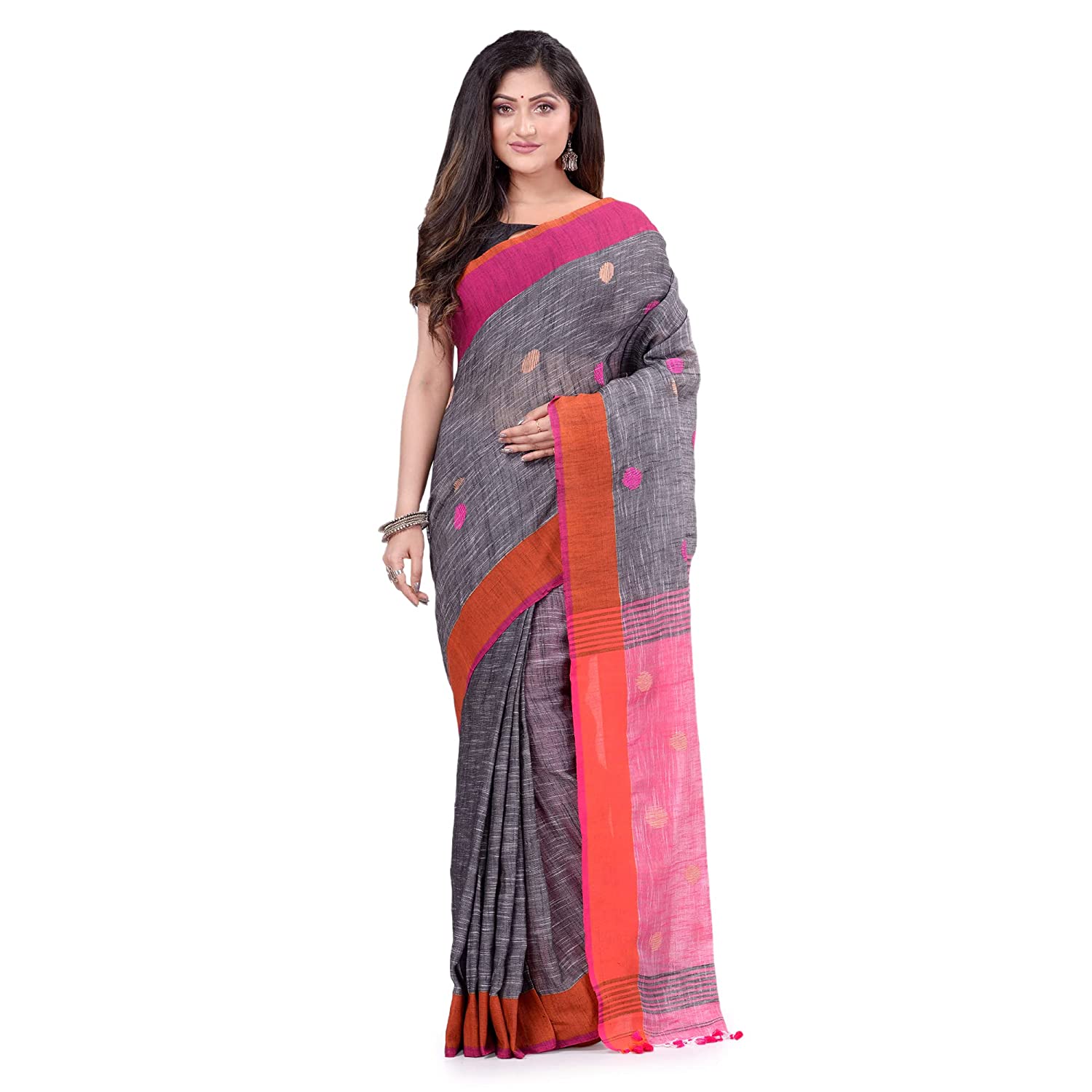 Desh Bidesh Women's Pure Cotton Traditional Bengali Tant Handloom Cotton Saree Round Designed With Blouse Piece - Distacart