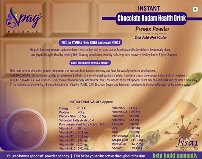 Spag Herbals Chocolate Badam Health Drink Instant Premix Powder - Distacart