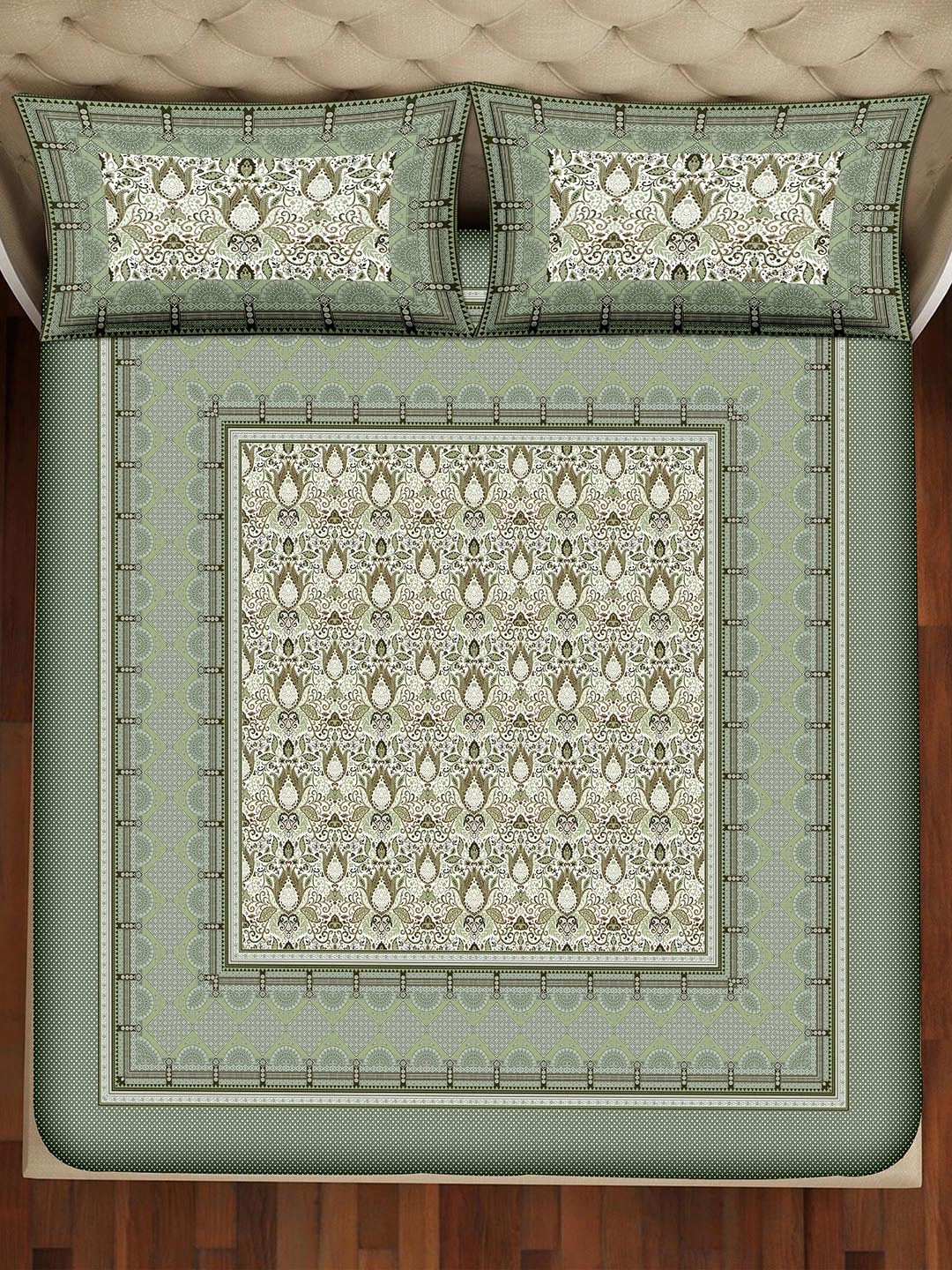 BELLA CASA Teal & Off White Printed 350 TC King Pure Cotton 2 Pillow Covers Bedsheet - Distacart