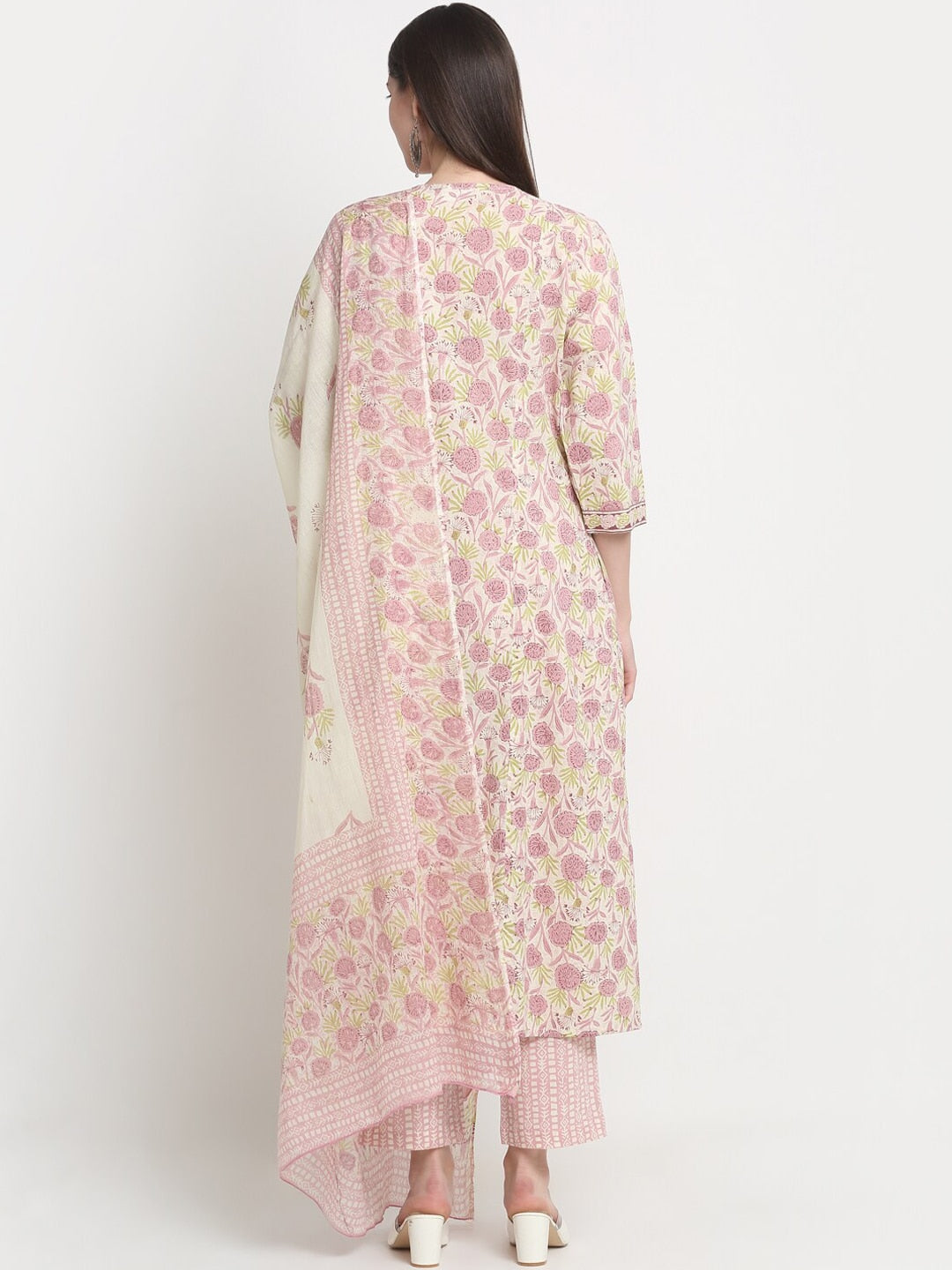 Kalini Floral Printed Sequined A-Line Pure Cotton Kurta with Trousers & Dupatta - Distacart