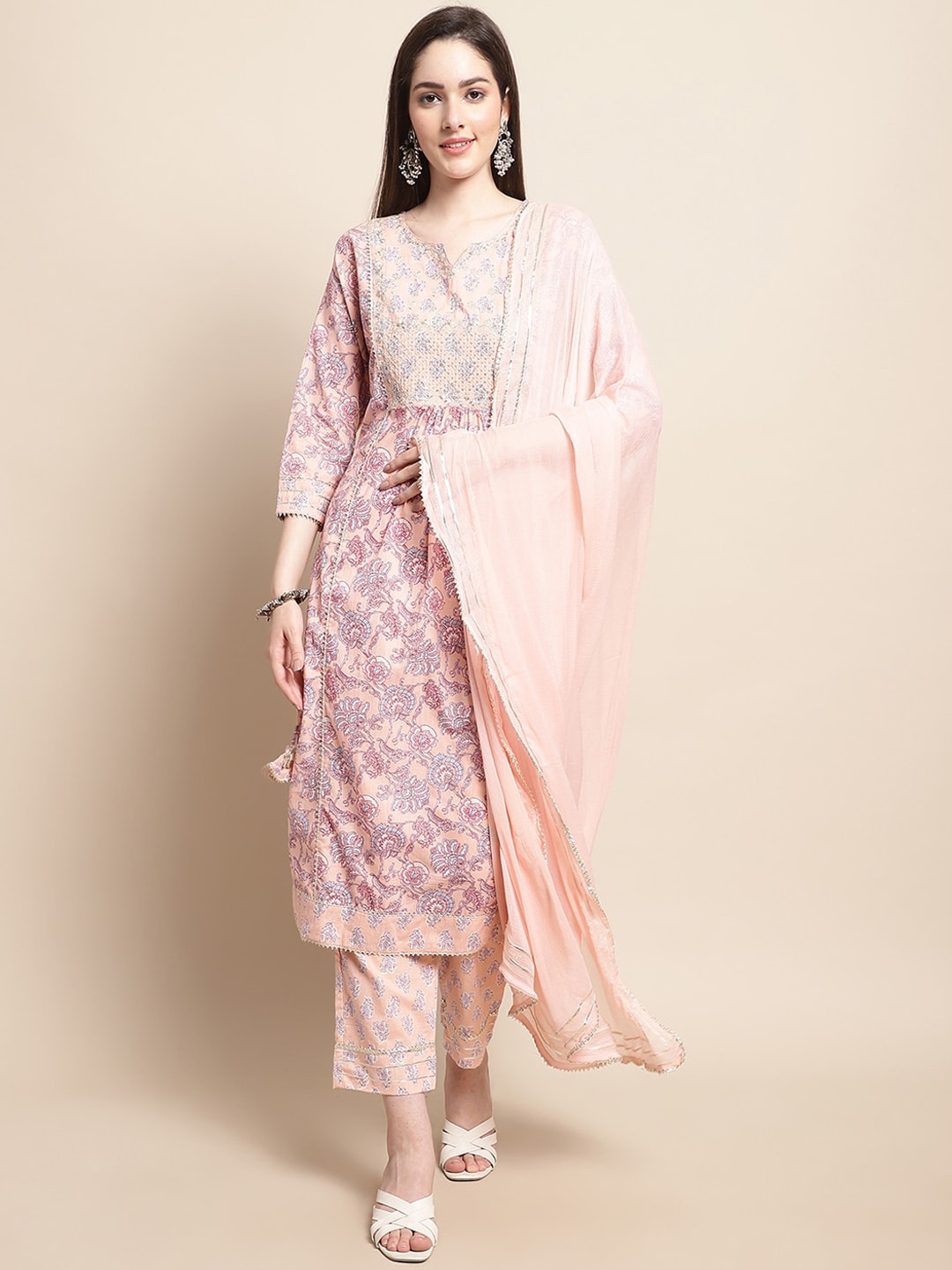 Sangria Printed & Embroidered Pure Cotton A-Line Kurta With Trouser & Dupatta - Distacart