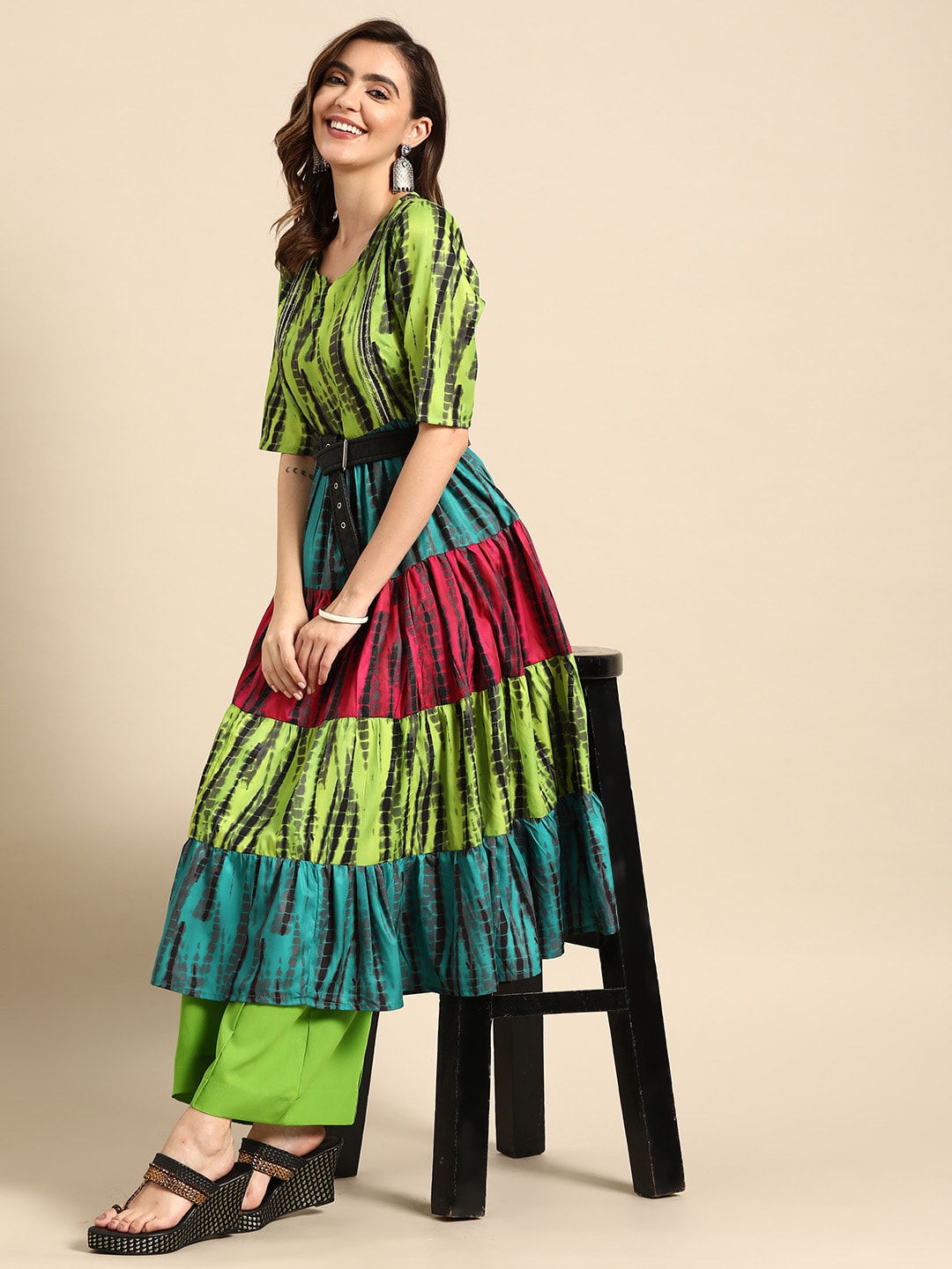 Sangria Women Green Dyed Tiered Kurta with Palazzos - Distacart