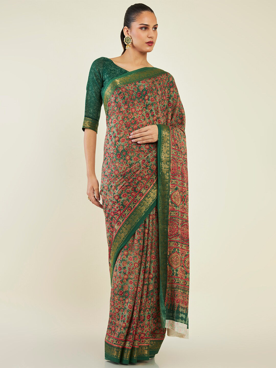 Soch Floral Printed Zari Pure Cotton Saree - Distacart