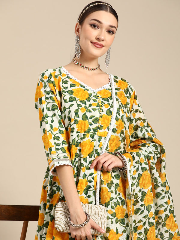 Sangria Women Yellow Floral Printed Lace Inserts Pure Cotton Kurta with Sharara & Dupatta - Distacart