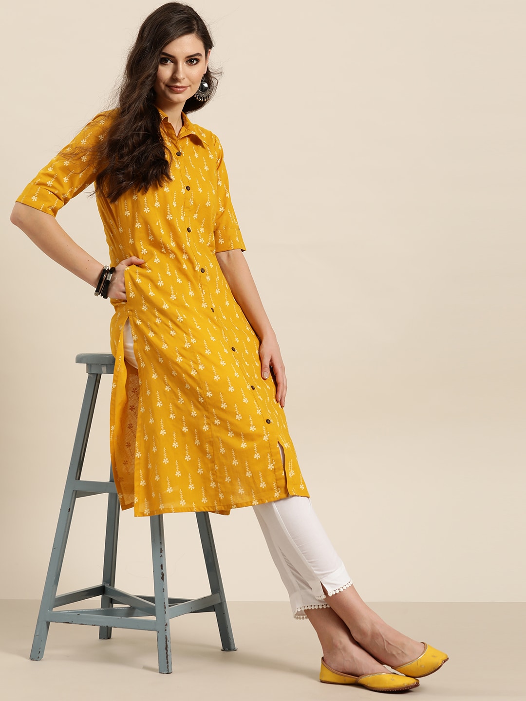 Sangria Women Mustard Yellow & White Floral Print A-Line Kurta - Distacart