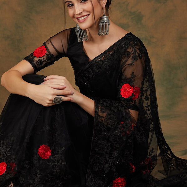 Sangria Black Floral Embroidered Saree - Distacart