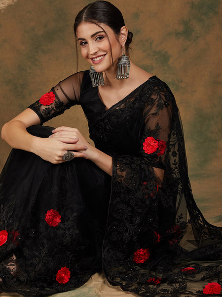 Sangria Black Floral Embroidered Saree - Distacart
