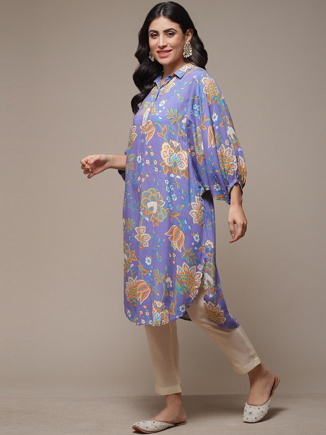 Biba Floral Printed Shirt Collar Kurta - Distacart