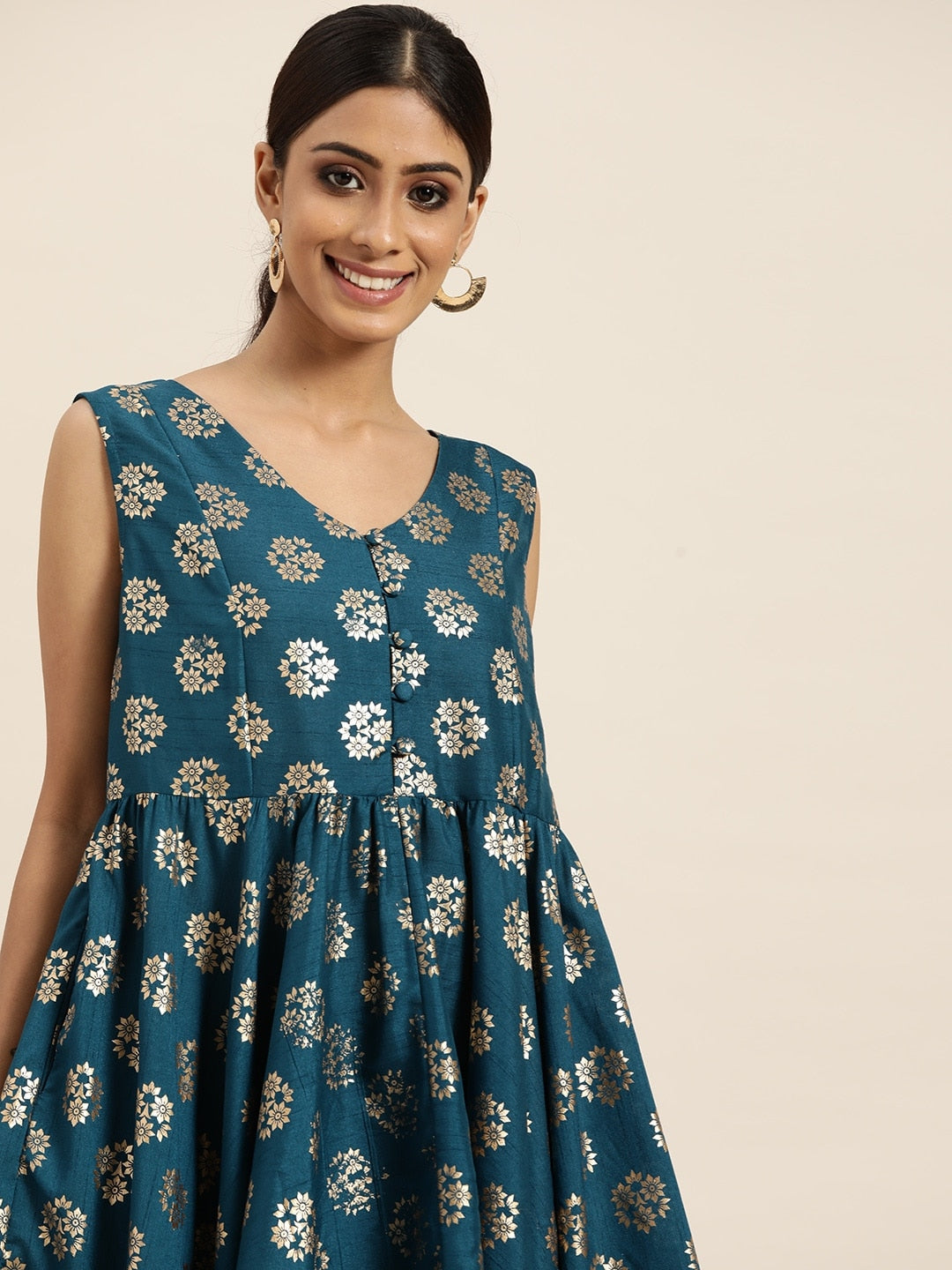 Sangria Women Teal Blue & Golden Ethnic Motifs Printed A-Line Kurta - Distacart