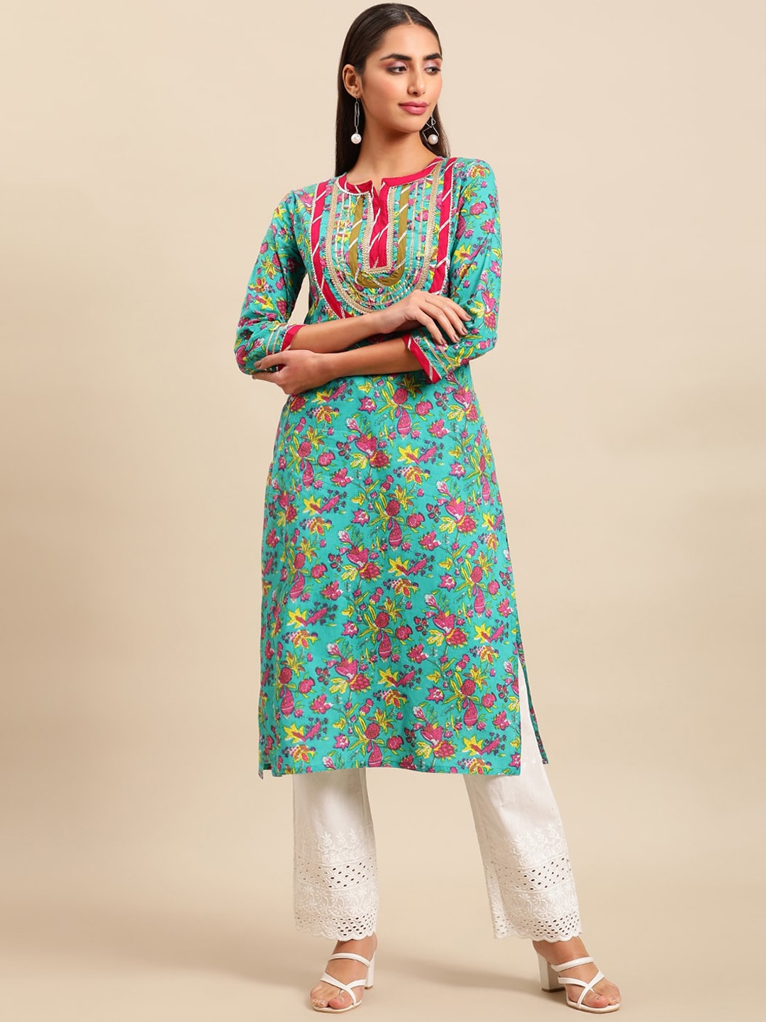 Sangria Women Floral Printed Gotta Patti Floral Kurta - Distacart