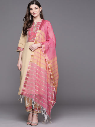 Biba Women Beige & Pink Solid Kurta with Trousers & Dupatta - Distacart