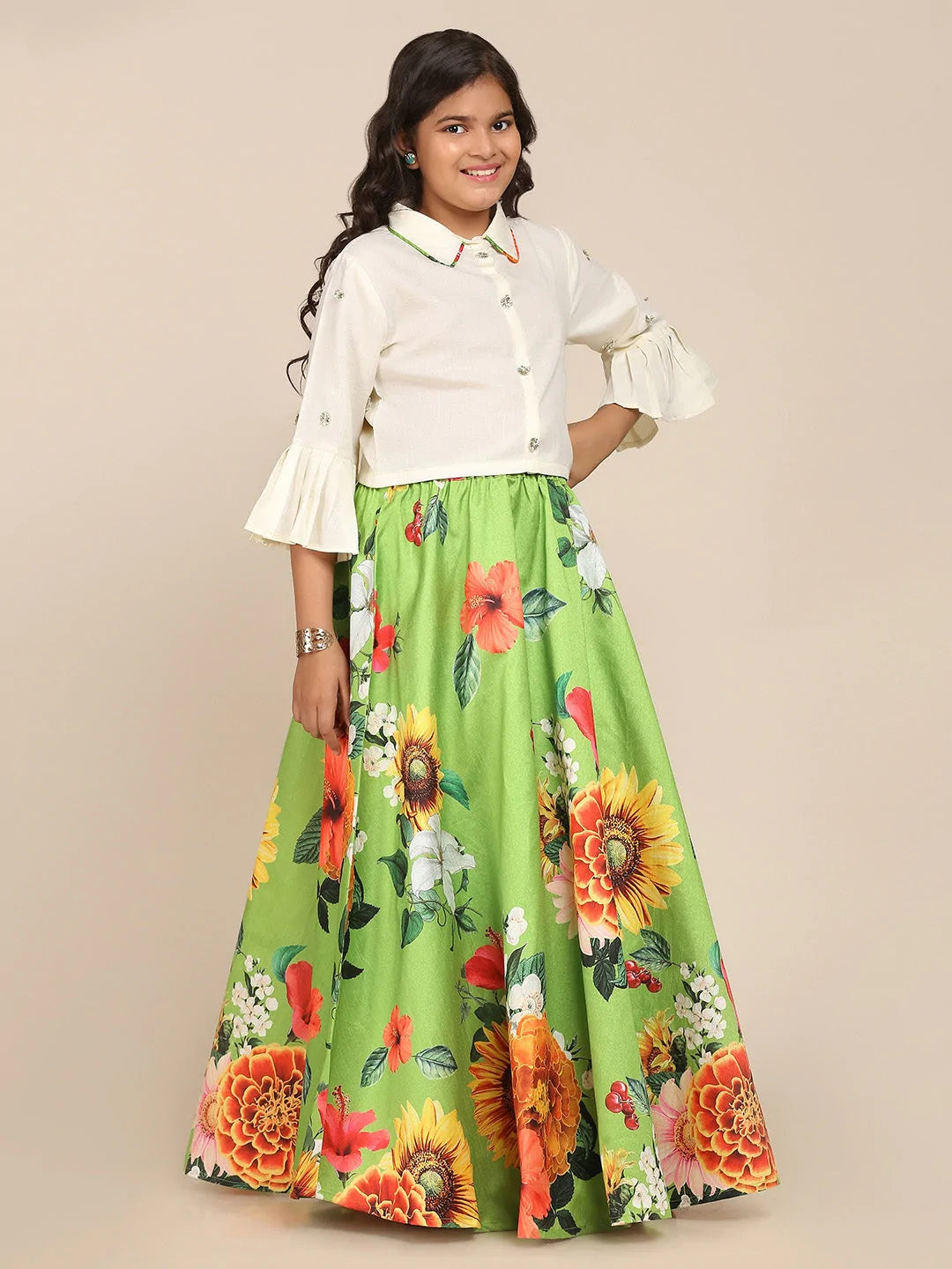 NOZ2TOZ Lime Green & White Floral Printed Ready To Wear Lehenga Choli For Girls - Distacart