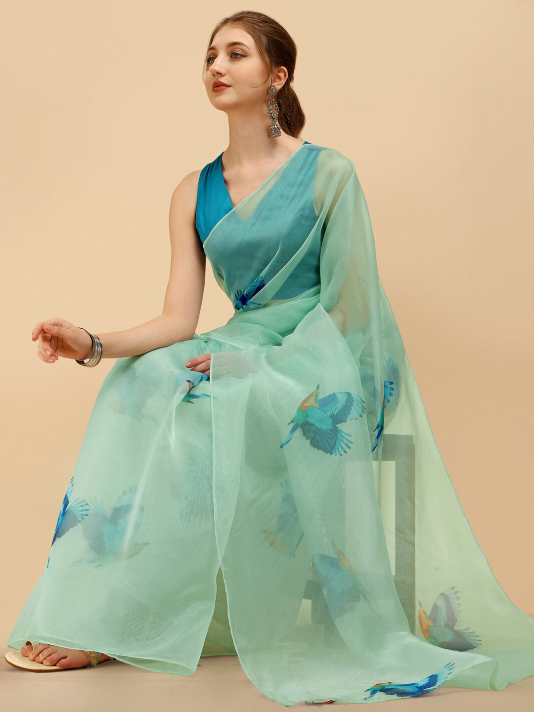 Sangria Sea Green & Blue Organza Saree - Distacart