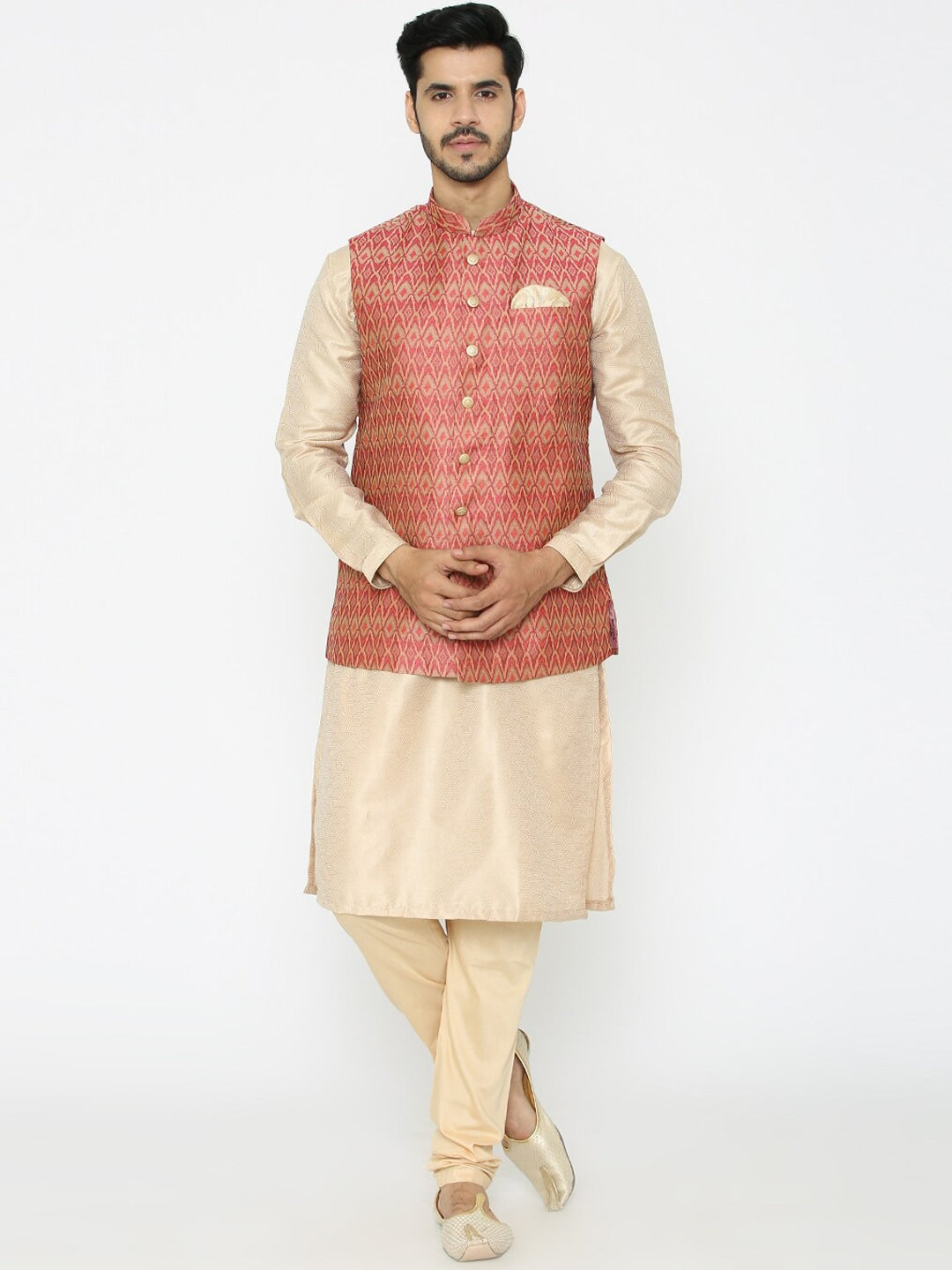 Manyavar Men Pink & Beige Self Design Kurta with Churidar & Nehru Jacket - Distacart