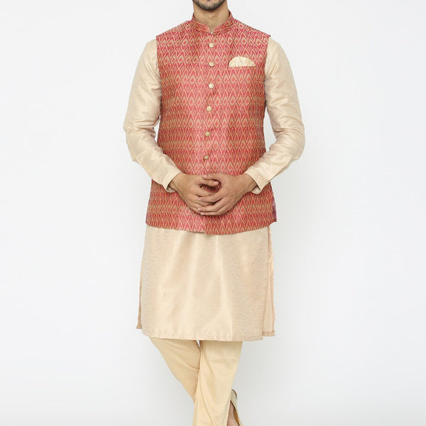 Manyavar Men Pink & Beige Self Design Kurta with Churidar & Nehru Jacket - Distacart