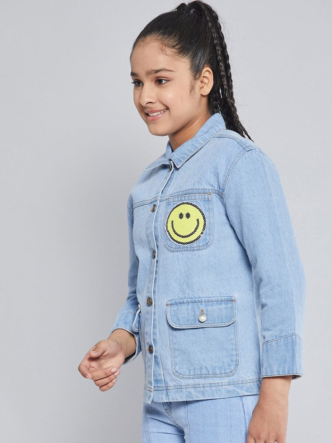 Lyush Ice Blue SMILEY Patch Denim Jacket For Girls - Distacart
