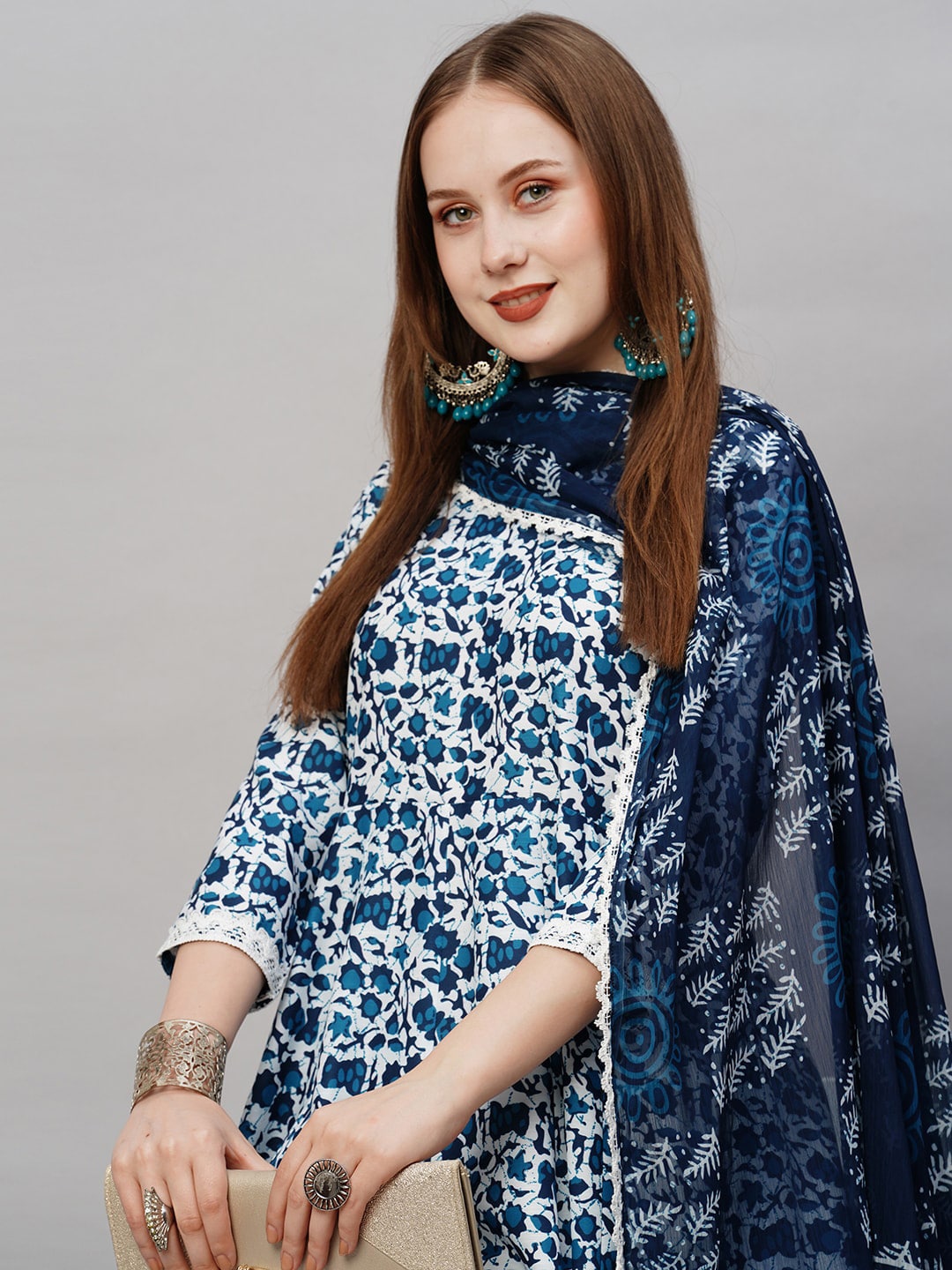 Kalini Floral Printed Round Neck Anarkali Kurta With Trousers & Dupatta - Distacart