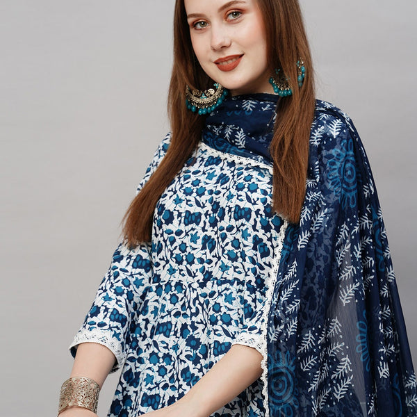 Kalini Floral Printed Round Neck Anarkali Kurta With Trousers & Dupatta - Distacart