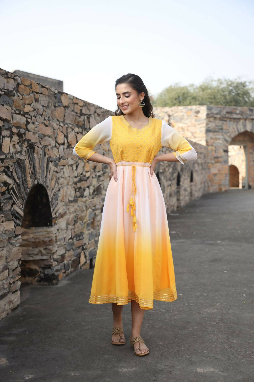 Juniper Women Yellow Georgette Embroidered Maxi Dress - Distacart