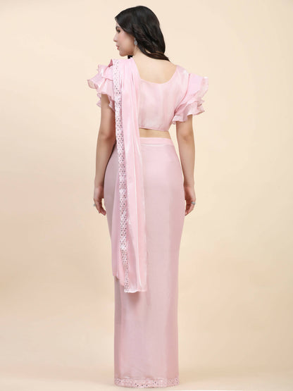Pink Silk Satin Sequence Work Ready to Wear Saree with stitched Blouse - Nirvana - Distacart