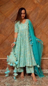 Thumbnail for Pomcha Jaipur Noor Blue Cotton Angrakha Set - Distacart