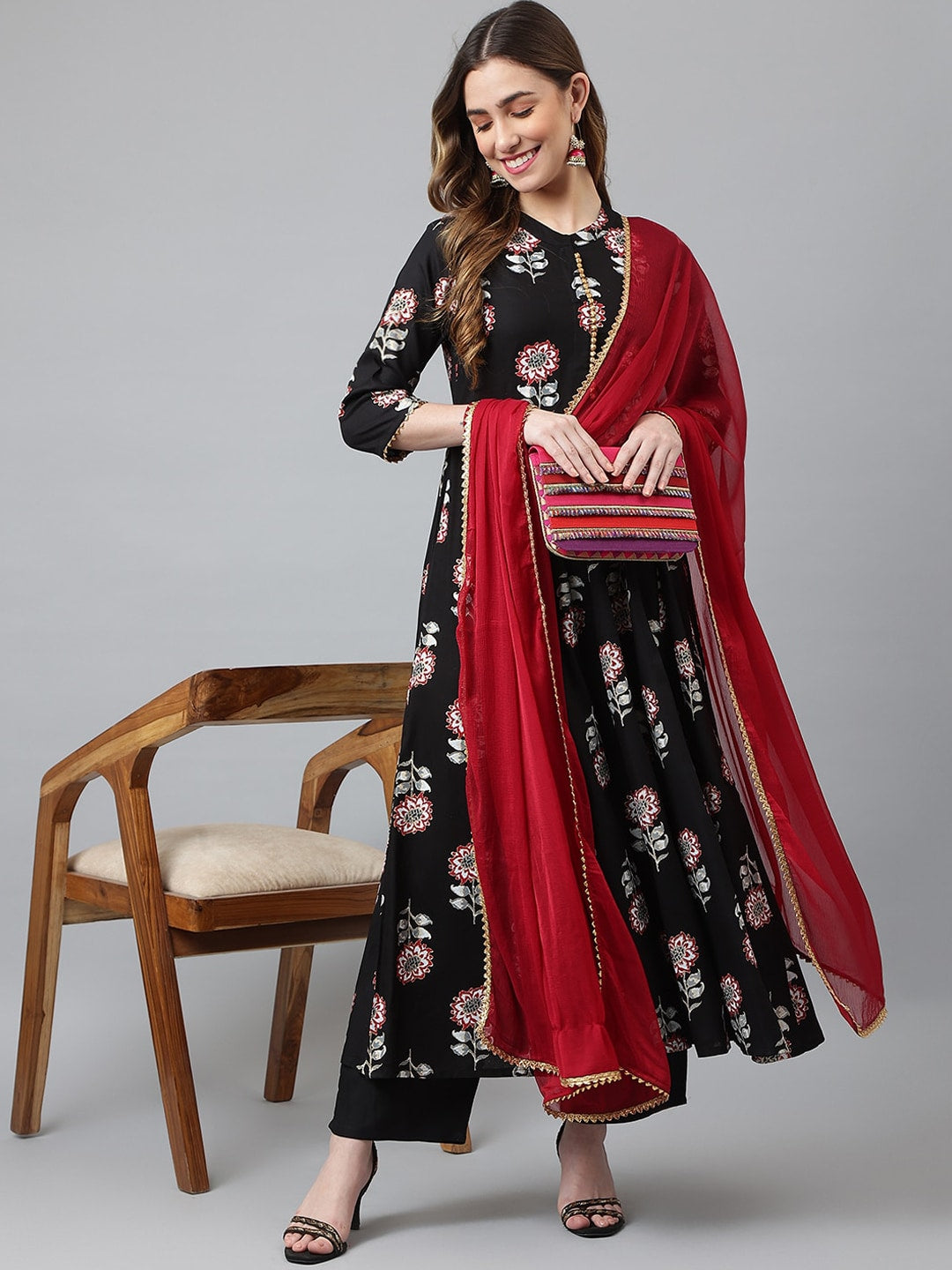 Khushal K Women Black Floral Printed Gotta Patti Kurta with Trousers & With Dupatta - Distacart