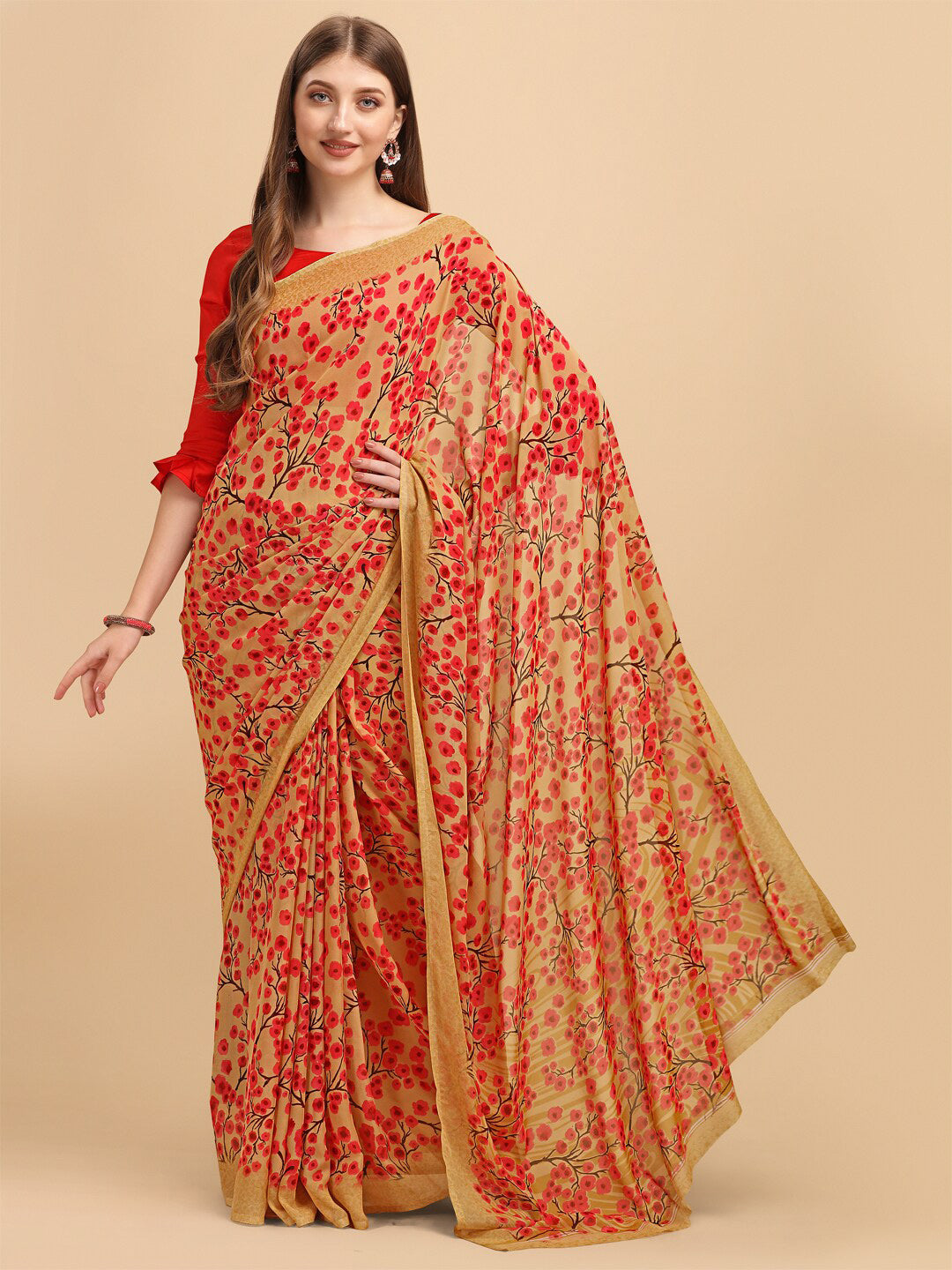 Sangria Beige & Peach-Coloured Floral Printed Georgette Saree - Distacart