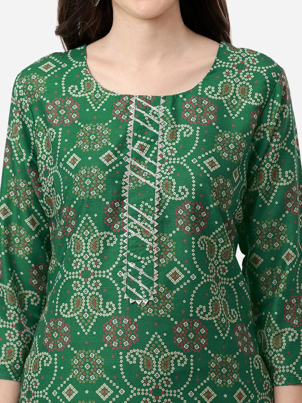 HERE&NOW Women Green Bandhani Printed Gotta Patti Pure Silk Kurta with Trousers - Distacart