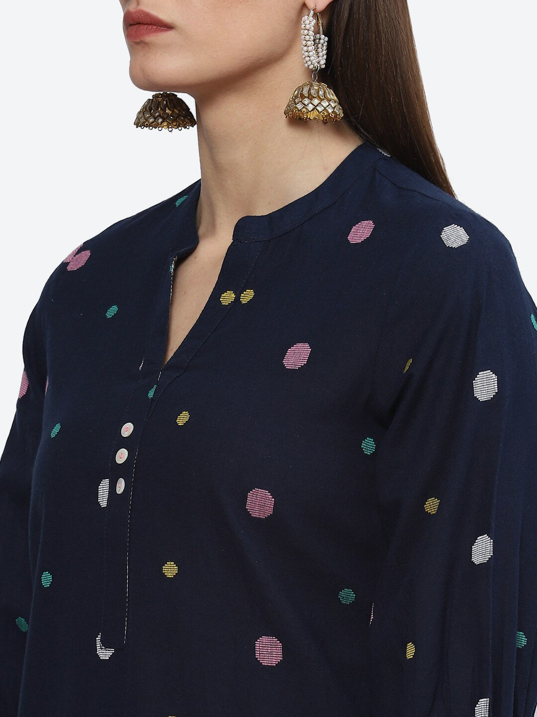 Biba Geometric Printed Mandarin Collar Kurta with Trousers & Dupatta - Distacart