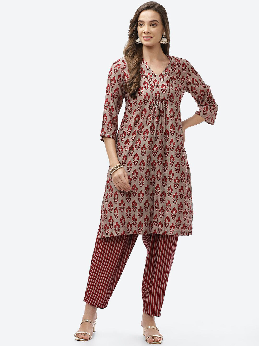 Biba Women Maroon Ethnic Motifs Printed Kurta with Trousers - Distacart